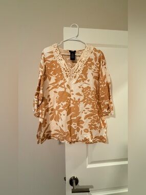 🔥$10 FINAL PRICE🔥 Premise Boho Crochet Lace V-Neck Floral Tunic Blouse❤️